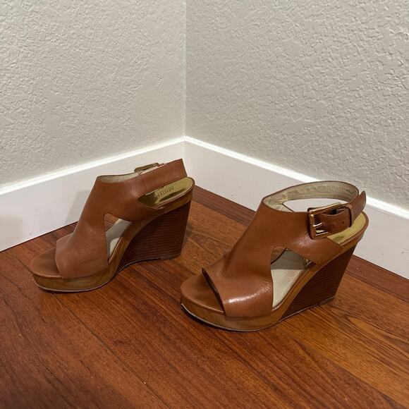 Michael Kors Brown Leather Wedge Sandals - Women's Size 8 - Picture 1 of 7